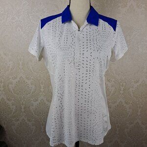 ANNIKA Size Med Golf Shirt White Blue Trim Silver Accents Half Zip Collar UPF50+